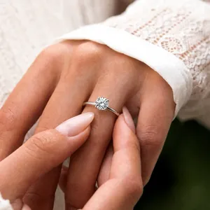 Detailed view of elegant S925 sterling silver moissanite solitaire ring worn on finger