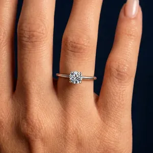 Close-up of a classic 4-prong moissanite ring in S925 sterling silver on finger