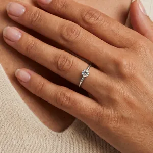 Close-up of an elegant Moissanite solitaire ring in S925 sterling silver on a finger