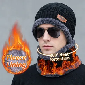 Herren Strickmütze und Schal Set für den Winter mit weichem und warmem Fleecefutter