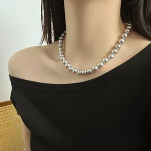Elegant S925 sterling silver grey pearl necklace worn on model's neck.