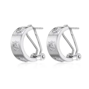 Elegant S925 sterling silver wide hoop earrings featuring brushed texture and sunburst CZ