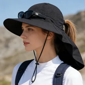 Outdoor UV protection sun hat with neck flap and breathable mesh detail for hiking