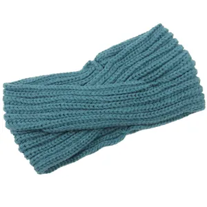 Close-up detail of a teal blue knitted cross headband showing thick yarn texture