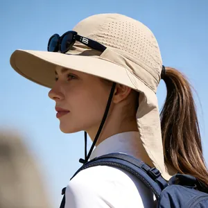 Side view of a khaki sun hat with neck protection flap and mesh vents worn by a model.
