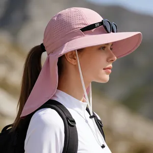 Pink breathable mesh sun hat with neck flap for outdoor UV protection on female model