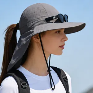 Side profile of a gray breathable sun hat featuring a long neck flap and mesh detail