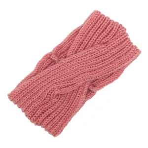 Macro view of the pink ribbed knitting texture on this stylish crossover headband.