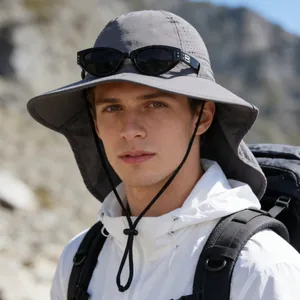 Detailed close-up of a breathable gray sun protection hat with neck flap for outdoor activities