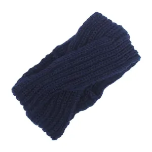 Detail view of navy blue knitted twist headband with chunky ribbed texture pattern