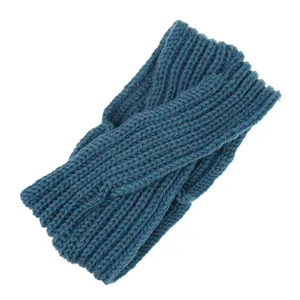 Detail view of a teal knitted twist headband with ribbed texture and crossover design