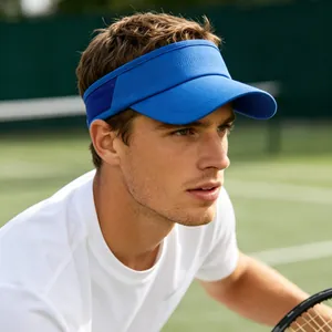 Close-up of a professional blue athletic sun visor hat worn during a tennis match