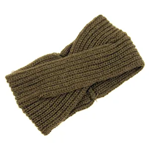 Detailed texture of olive green handmade knitted cross headband with Bohemian design