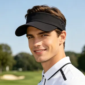 Close-up of a stylish man wearing a black outdoor sun visor hat on a sunny golf course.