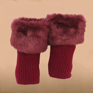 Wine red knitted leg warmers featuring soft plush faux fur trim for winter boot styling
