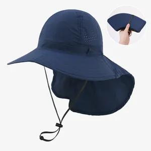 Detail showing foldable navy blue sun protection hat with neck flap and breathable mesh side