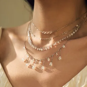 Detailed view of elegant S925 silver fringe necklaces with oval teardrop pendants for wedding