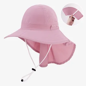 Detail view of pink foldable sun hat with breathable mesh and protective neck flap