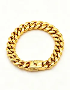 Detailed view of a masculine thick gold-plated stainless steel Cuban link bracelet