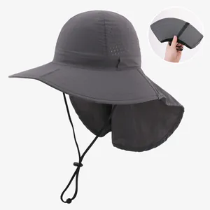 Foldable gray sun hat with neck flap and breathable mesh detail for outdoor protection