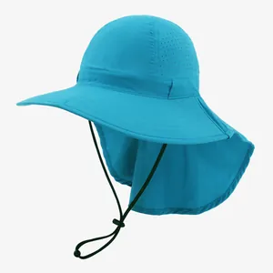 Breathable light blue sun hat with neck flap and wide brim for outdoor protection