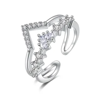 Minimalist V Shaped Double Layer Open Ring For Women Copper Heart Zirconia Adjustable Ins Style Fashion Jewelry Finger Ring