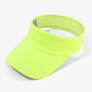 High-angle close-up of a neon yellow sports visor hat with breathable mesh texture