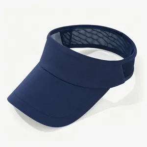 Detailed 45-degree angle view of a navy blue sun visor hat with breathable mesh panels