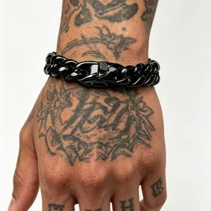 Men's bold black stainless steel Cuban link bracelet with lobster clasp