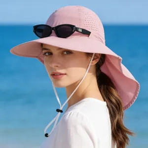 Pink breathable mesh sun hat with neck flap protection for summer outdoor activities