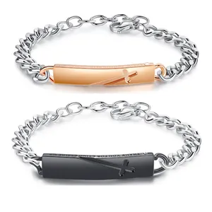 Stainless Steel Cross Couple Bracelet For Men Women Curb Chain Religious Christian Jewelry Engraved Rhinestone Inlaid Fashion Wristband