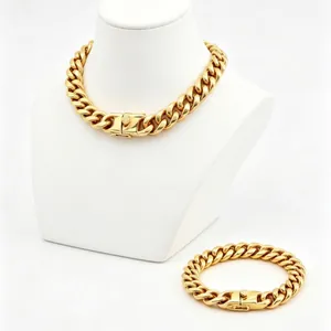Heavy gold stainless steel Cuban link chain necklace and bracelet jewelry set for men