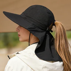 Breathable black sun hat with neck flap and ponytail hole for outdoor activities