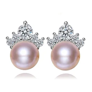 Crown Freshwater Pearl Stud Earrings With Zirconia Embellishment Copper Base Fashion Jewelry For Women Everyday Wear