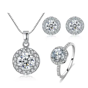 Fashion Round Zirconia Jewelry Set For Women Copper Silver Plated Halo Necklace Stud Earrings Ring Set Classic Simple Style