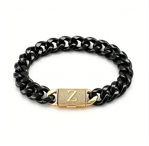 Bracciale da uomo nero in acciaio inossidabile con fibbia dorata lettera Z strass