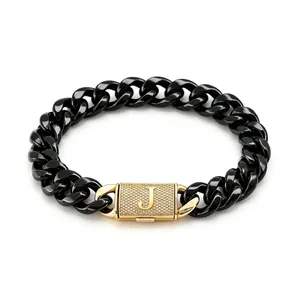 Pesante Catena a Maglia Cubana 14mm Collana Bracciale Oro 18K Iniziale A-Z Chiusura a Scatto Acciaio Inossidabile Strass