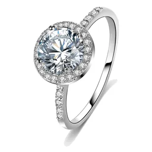 Detailed close-up view of an elegant round zircon halo ring with brilliant silver finish