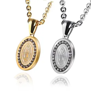 Stainless Steel Virgin Mary Oval Pendant Necklace For Women Men Inlaid Rhinestone Religious Jewelry Gold Silver Plate Charm
