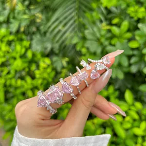 Détail exquis de bagues en argent S925 serties de zircons rose Barbie taille fleur de glace