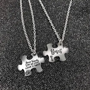 Stainless Steel Engraved Puzzle Piece Pendant Necklace For Women Best Friends Relationship Heart Key Fashion Jewelry Gifts