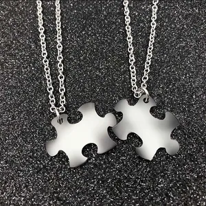 Romantic silver stainless steel jigsaw puzzle piece pendant necklaces for couples