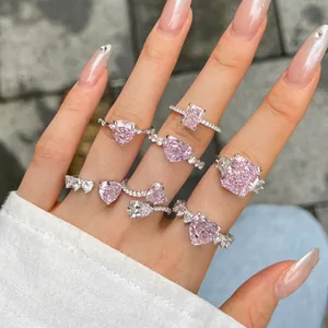 Bague en Argent Sterling S925 pour Femme Zirconia Rose Cœur Carré Taille Fleur de Glace Bijoux Mariage Fiançaille