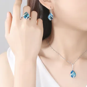 Detailed macro view of elegant aquamarine teardrop jewelry set on model showcase