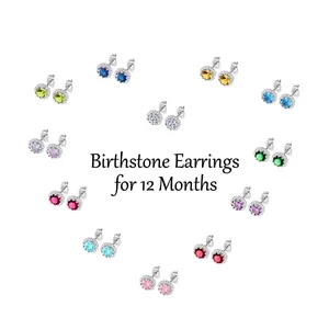 12 Months Birthstone Round Zirconia Stud Earrings For Women Colorful Halo Copper Zirconia Earrings Jewelry Birthday Gift