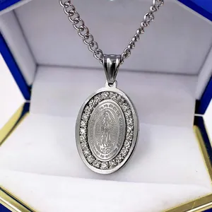 Silver oval Virgin of Guadalupe pendant necklace with rhinestone border for men and women