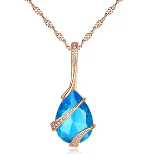 Collana con Pendente in Rame Blu Mare a Goccia d'Acqua con Zirconia per Donna Oro Rosa Argento Placcato Gioielli Vintage Festa
