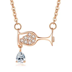 Copper Wine Glass Pendant Necklace With Water Drop Zirconia Simple Shiny Inlaid Zirconia Fashion Jewelry Women Gift