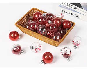 Set of 6cm red and transparent Christmas balls with festive fillers in a basket.