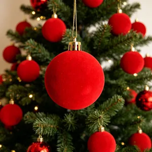 Primo piano della morbida texture vellutata di una pallina di Natale rossa floccata